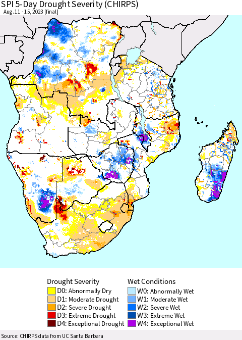 Southern Africa SPI 5-Day Drought Severity (CHIRPS) Thematic Map For 8/11/2023 - 8/15/2023