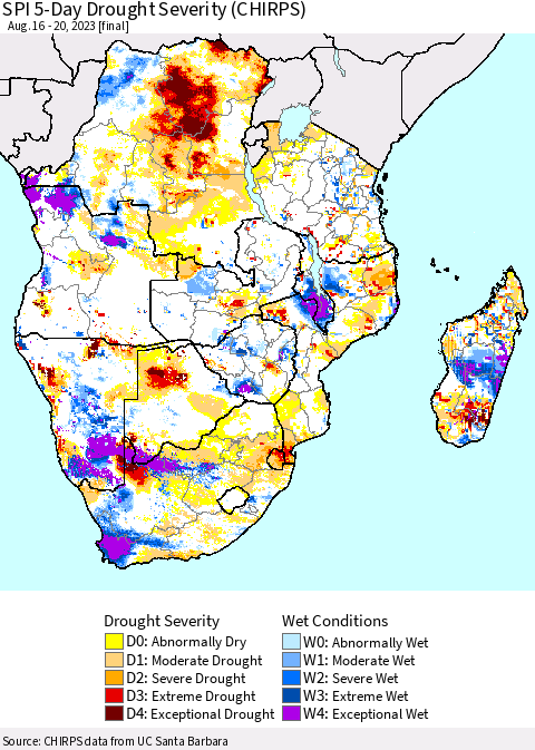 Southern Africa SPI 5-Day Drought Severity (CHIRPS) Thematic Map For 8/16/2023 - 8/20/2023
