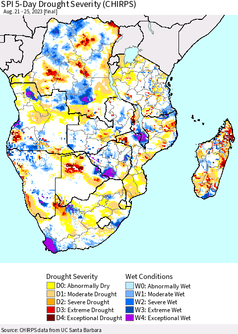 Southern Africa SPI 5-Day Drought Severity (CHIRPS) Thematic Map For 8/21/2023 - 8/25/2023