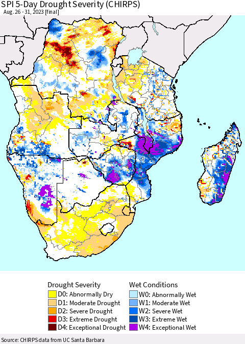 Southern Africa SPI 5-Day Drought Severity (CHIRPS) Thematic Map For 8/26/2023 - 8/31/2023