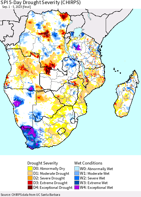 Southern Africa SPI 5-Day Drought Severity (CHIRPS) Thematic Map For 9/1/2023 - 9/5/2023