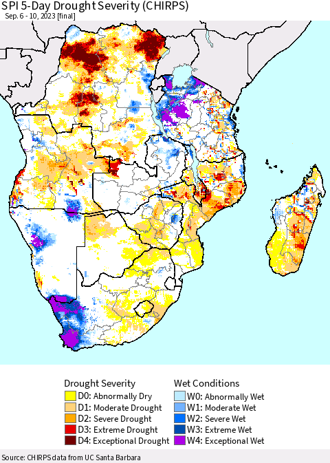 Southern Africa SPI 5-Day Drought Severity (CHIRPS) Thematic Map For 9/6/2023 - 9/10/2023