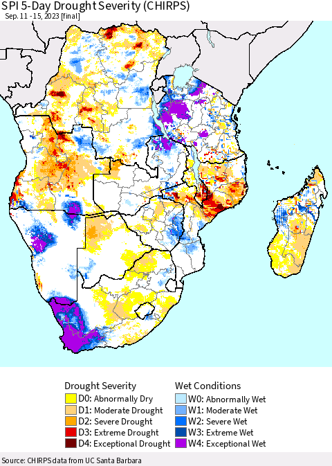 Southern Africa SPI 5-Day Drought Severity (CHIRPS) Thematic Map For 9/11/2023 - 9/15/2023