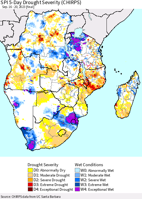 Southern Africa SPI 5-Day Drought Severity (CHIRPS) Thematic Map For 9/16/2023 - 9/20/2023