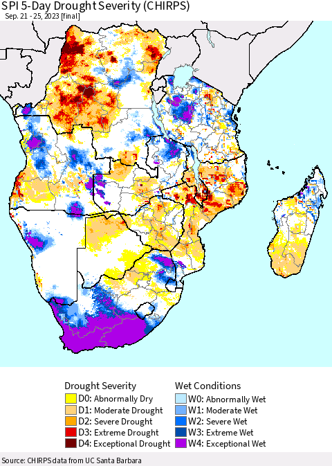 Southern Africa SPI 5-Day Drought Severity (CHIRPS) Thematic Map For 9/21/2023 - 9/25/2023