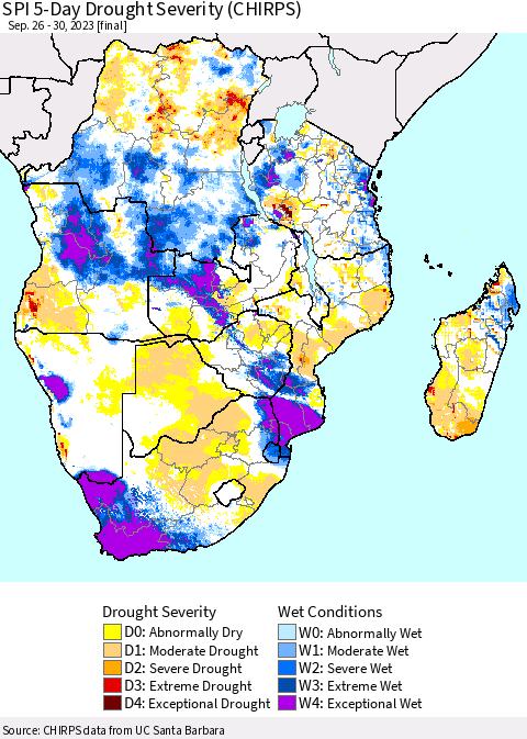 Southern Africa SPI 5-Day Drought Severity (CHIRPS) Thematic Map For 9/26/2023 - 9/30/2023