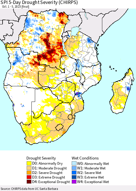 Southern Africa SPI 5-Day Drought Severity (CHIRPS) Thematic Map For 10/1/2023 - 10/5/2023