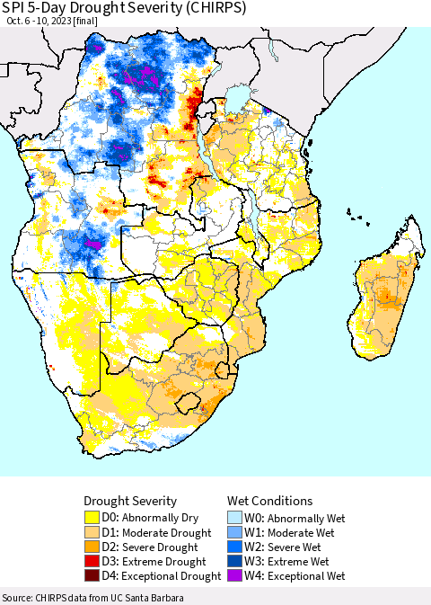 Southern Africa SPI 5-Day Drought Severity (CHIRPS) Thematic Map For 10/6/2023 - 10/10/2023