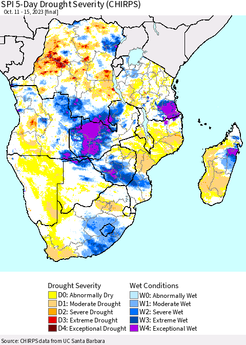 Southern Africa SPI 5-Day Drought Severity (CHIRPS) Thematic Map For 10/11/2023 - 10/15/2023