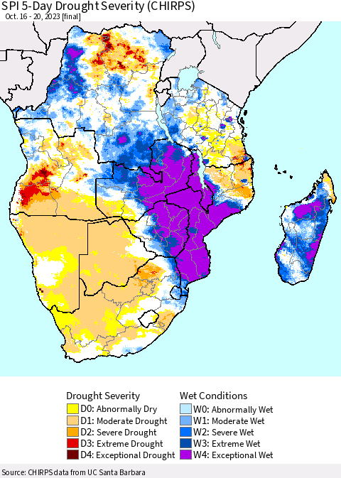 Southern Africa SPI 5-Day Drought Severity (CHIRPS) Thematic Map For 10/16/2023 - 10/20/2023