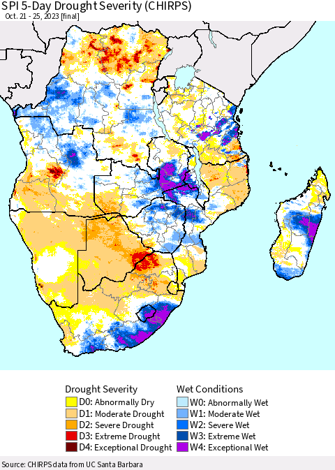 Southern Africa SPI 5-Day Drought Severity (CHIRPS) Thematic Map For 10/21/2023 - 10/25/2023