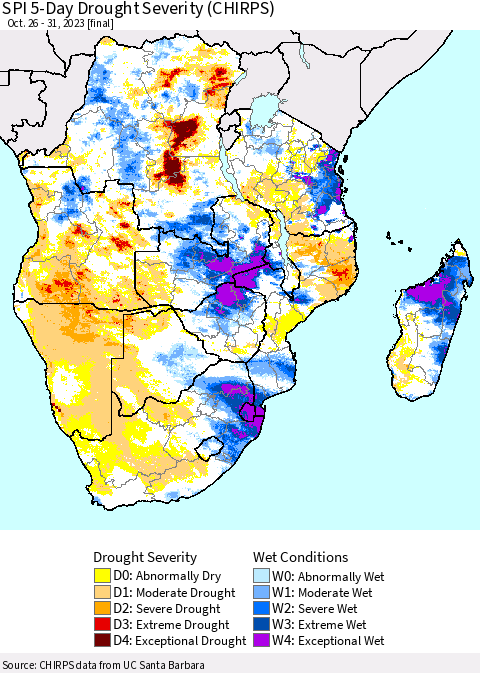Southern Africa SPI 5-Day Drought Severity (CHIRPS) Thematic Map For 10/26/2023 - 10/31/2023