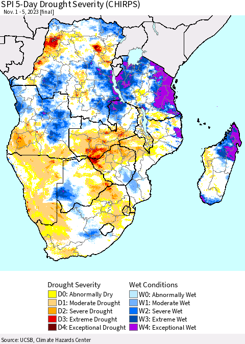 Southern Africa SPI 5-Day Drought Severity (CHIRPS) Thematic Map For 11/1/2023 - 11/5/2023