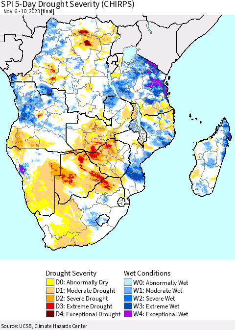 Southern Africa SPI 5-Day Drought Severity (CHIRPS) Thematic Map For 11/6/2023 - 11/10/2023