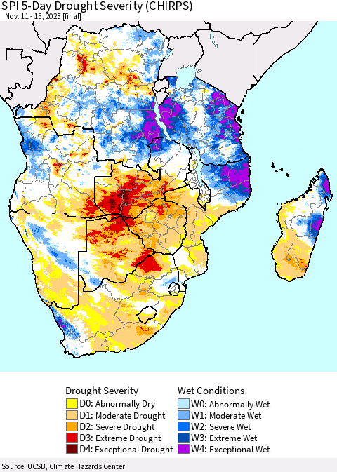 Southern Africa SPI 5-Day Drought Severity (CHIRPS) Thematic Map For 11/11/2023 - 11/15/2023