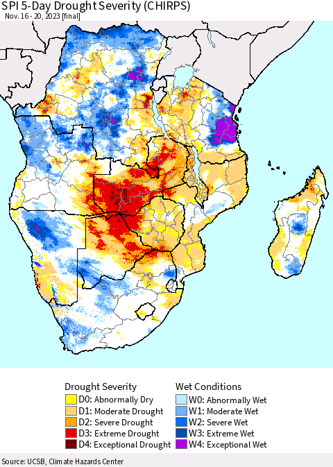 Southern Africa SPI 5-Day Drought Severity (CHIRPS) Thematic Map For 11/16/2023 - 11/20/2023