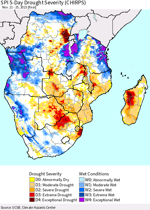 Southern Africa SPI 5-Day Drought Severity (CHIRPS) Thematic Map For 11/21/2023 - 11/25/2023
