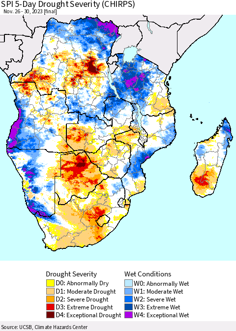 Southern Africa SPI 5-Day Drought Severity (CHIRPS) Thematic Map For 11/26/2023 - 11/30/2023