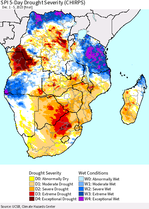 Southern Africa SPI 5-Day Drought Severity (CHIRPS) Thematic Map For 12/1/2023 - 12/5/2023