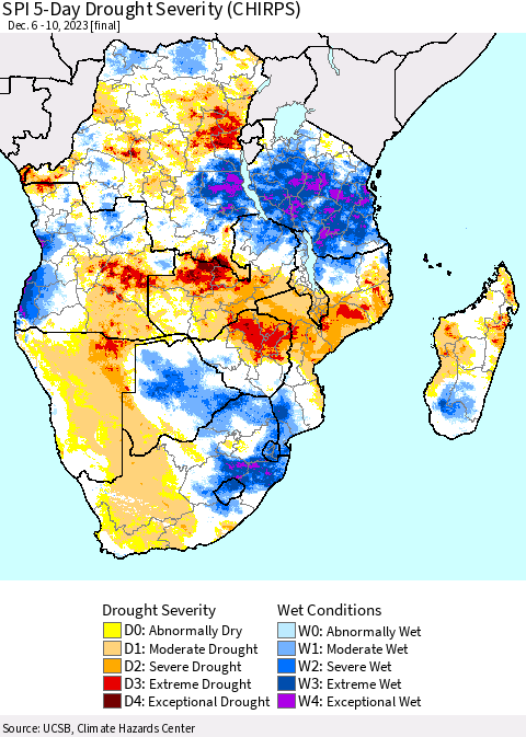 Southern Africa SPI 5-Day Drought Severity (CHIRPS) Thematic Map For 12/6/2023 - 12/10/2023