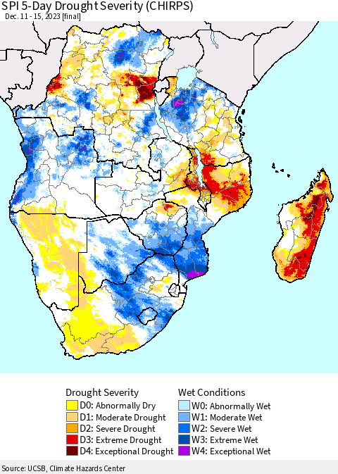 Southern Africa SPI 5-Day Drought Severity (CHIRPS) Thematic Map For 12/11/2023 - 12/15/2023