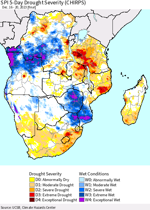 Southern Africa SPI 5-Day Drought Severity (CHIRPS) Thematic Map For 12/16/2023 - 12/20/2023