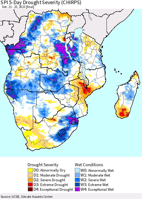 Southern Africa SPI 5-Day Drought Severity (CHIRPS) Thematic Map For 12/21/2023 - 12/25/2023