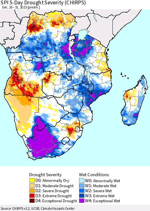 Southern Africa SPI 5-Day Drought Severity (CHIRPS) Thematic Map For 12/26/2023 - 12/31/2023