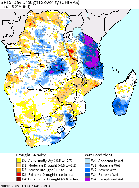 Southern Africa SPI 5-Day Drought Severity (CHIRPS) Thematic Map For 1/1/2024 - 1/5/2024