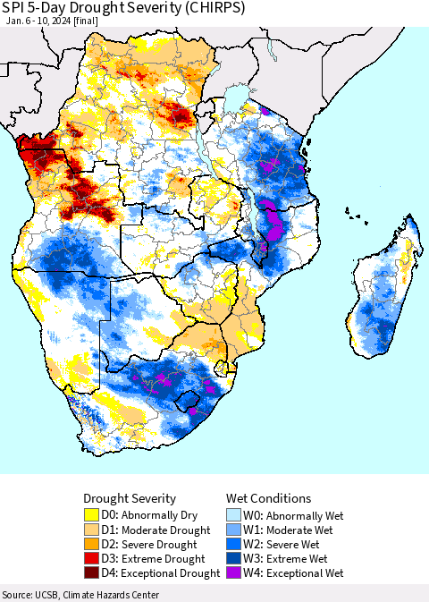 Southern Africa SPI 5-Day Drought Severity (CHIRPS) Thematic Map For 1/6/2024 - 1/10/2024