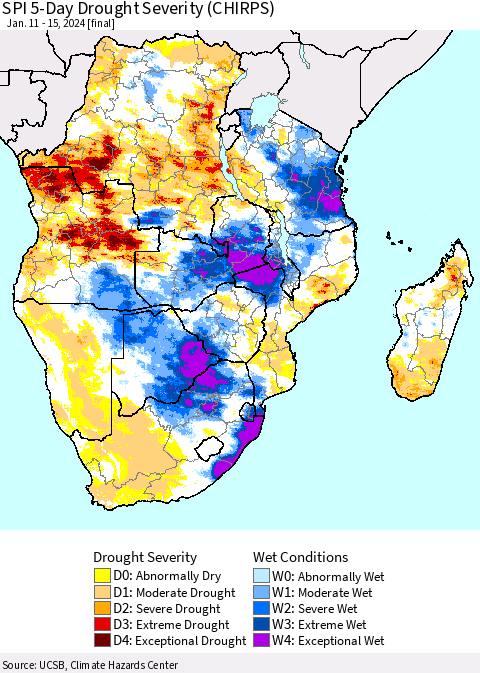 Southern Africa SPI 5-Day Drought Severity (CHIRPS) Thematic Map For 1/11/2024 - 1/15/2024
