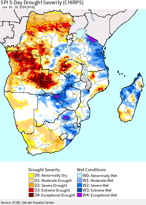 Southern Africa SPI 5-Day Drought Severity (CHIRPS) Thematic Map For 1/16/2024 - 1/20/2024