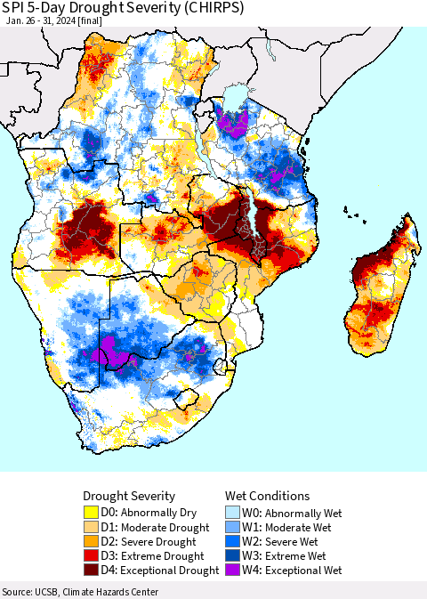 Southern Africa SPI 5-Day Drought Severity (CHIRPS) Thematic Map For 1/26/2024 - 1/31/2024