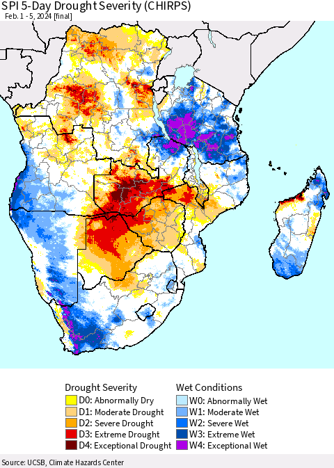 Southern Africa SPI 5-Day Drought Severity (CHIRPS) Thematic Map For 2/1/2024 - 2/5/2024