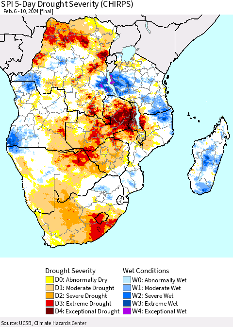 Southern Africa SPI 5-Day Drought Severity (CHIRPS) Thematic Map For 2/6/2024 - 2/10/2024