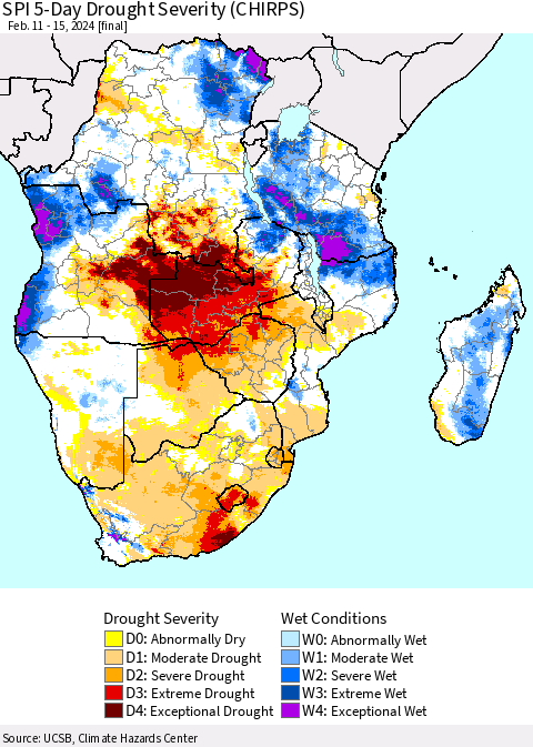 Southern Africa SPI 5-Day Drought Severity (CHIRPS) Thematic Map For 2/11/2024 - 2/15/2024