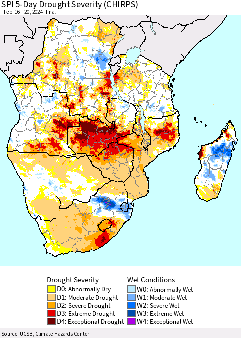 Southern Africa SPI 5-Day Drought Severity (CHIRPS) Thematic Map For 2/16/2024 - 2/20/2024