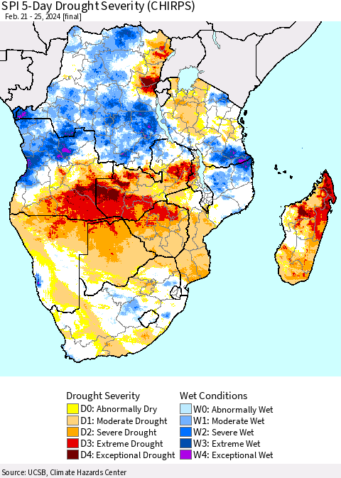 Southern Africa SPI 5-Day Drought Severity (CHIRPS) Thematic Map For 2/21/2024 - 2/25/2024