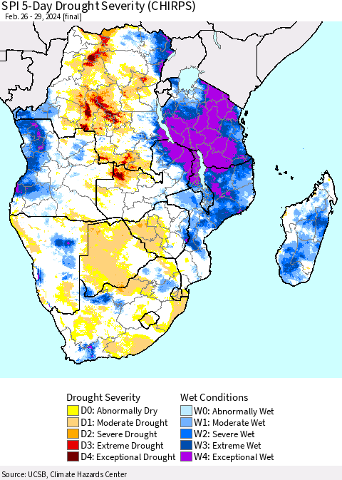 Southern Africa SPI 5-Day Drought Severity (CHIRPS) Thematic Map For 2/26/2024 - 2/29/2024