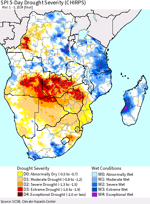 Southern Africa SPI 5-Day Drought Severity (CHIRPS) Thematic Map For 3/1/2024 - 3/5/2024