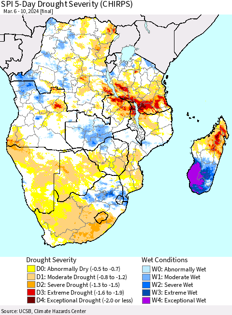 Southern Africa SPI 5-Day Drought Severity (CHIRPS) Thematic Map For 3/6/2024 - 3/10/2024