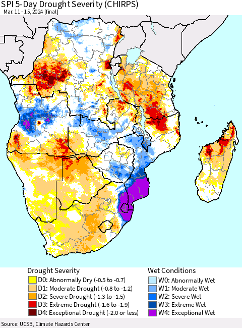 Southern Africa SPI 5-Day Drought Severity (CHIRPS) Thematic Map For 3/11/2024 - 3/15/2024