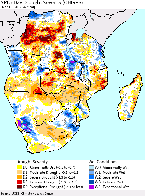 Southern Africa SPI 5-Day Drought Severity (CHIRPS) Thematic Map For 3/16/2024 - 3/20/2024