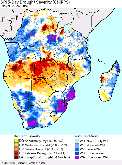 Southern Africa SPI 5-Day Drought Severity (CHIRPS) Thematic Map For 3/21/2024 - 3/25/2024