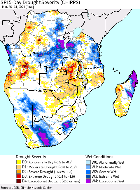 Southern Africa SPI 5-Day Drought Severity (CHIRPS) Thematic Map For 3/26/2024 - 3/31/2024