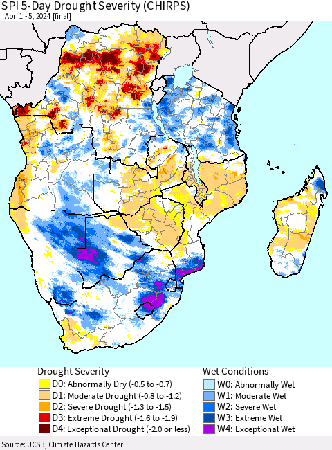 Southern Africa SPI 5-Day Drought Severity (CHIRPS) Thematic Map For 4/1/2024 - 4/5/2024