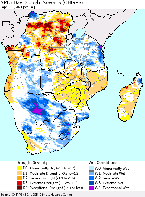 Southern Africa SPI 5-Day Drought Severity (CHIRPS) Thematic Map For 4/1/2024 - 4/5/2024