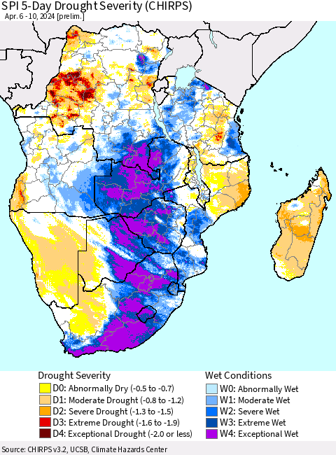 Southern Africa SPI 5-Day Drought Severity (CHIRPS) Thematic Map For 4/6/2024 - 4/10/2024