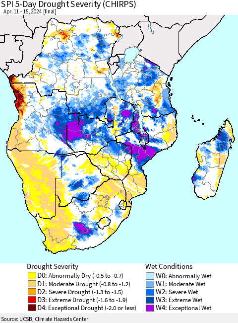 Southern Africa SPI 5-Day Drought Severity (CHIRPS) Thematic Map For 4/11/2024 - 4/15/2024