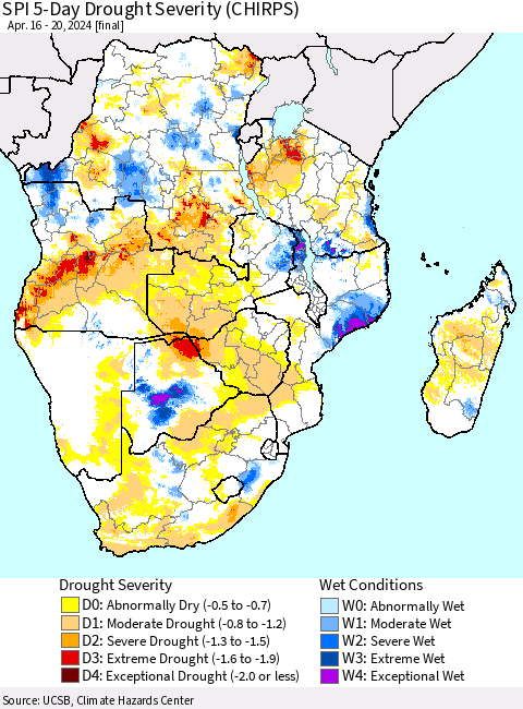 Southern Africa SPI 5-Day Drought Severity (CHIRPS) Thematic Map For 4/16/2024 - 4/20/2024